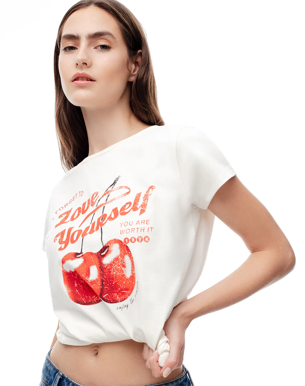 Camiseta regular algodón beige estampada mujer