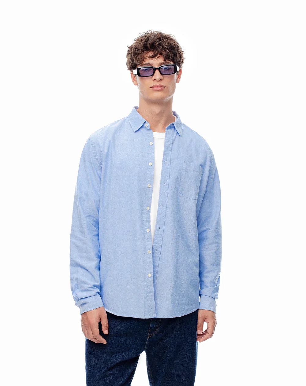 Camisa manga larga slim algodón azul hombre