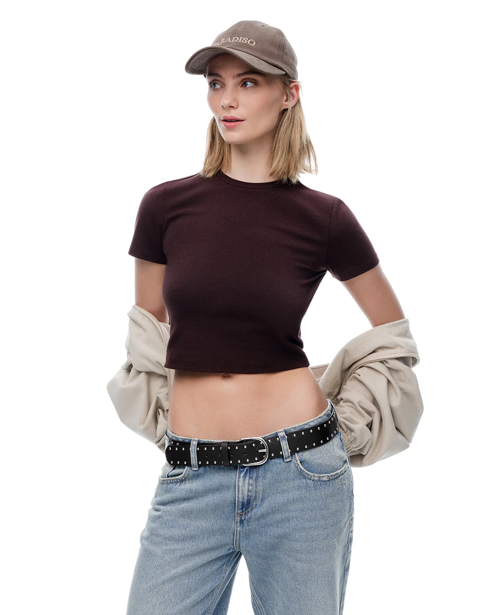 Camiseta crop slim algodón vinotinto mujer