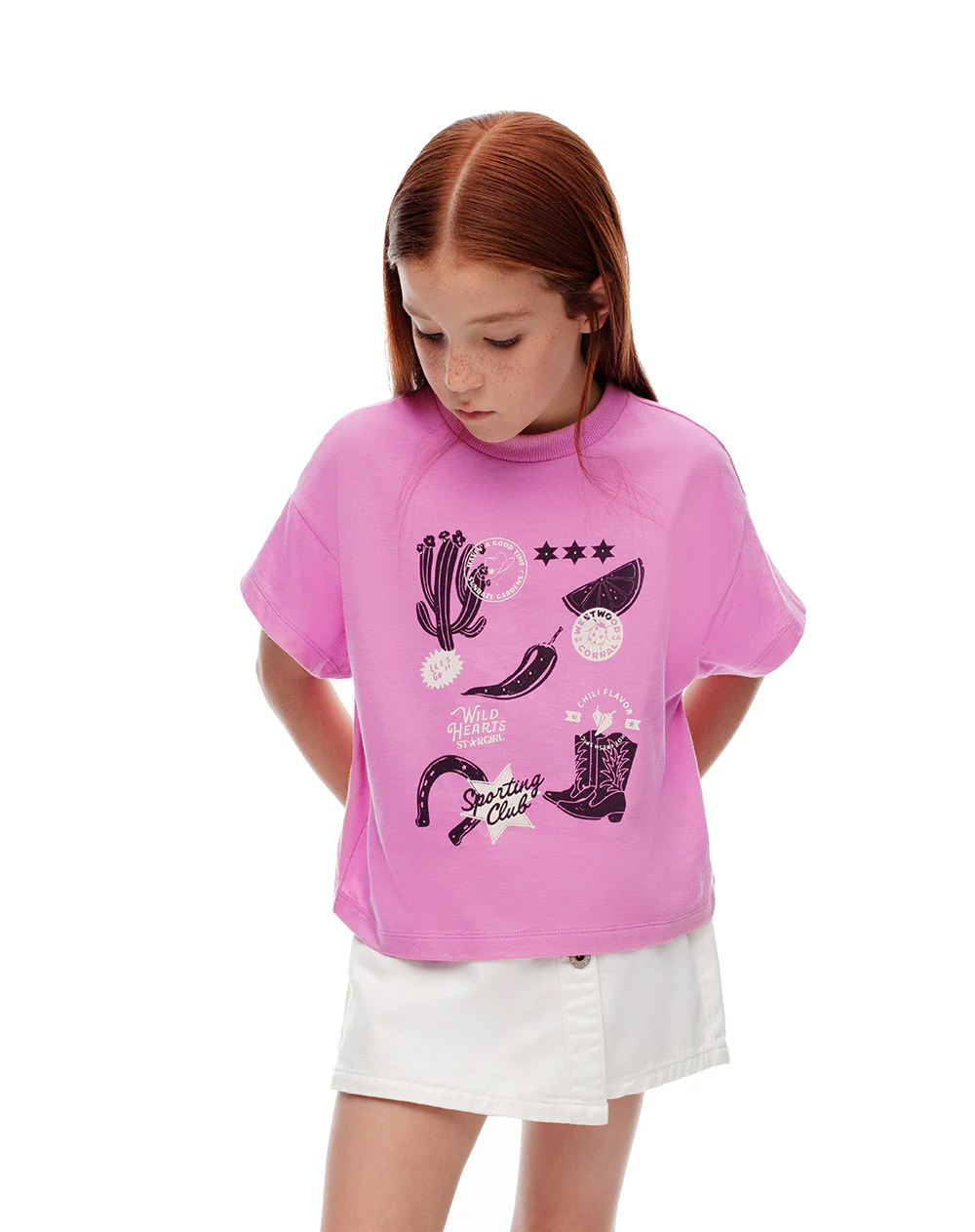 Camiseta regular algodón rosa estampada niña