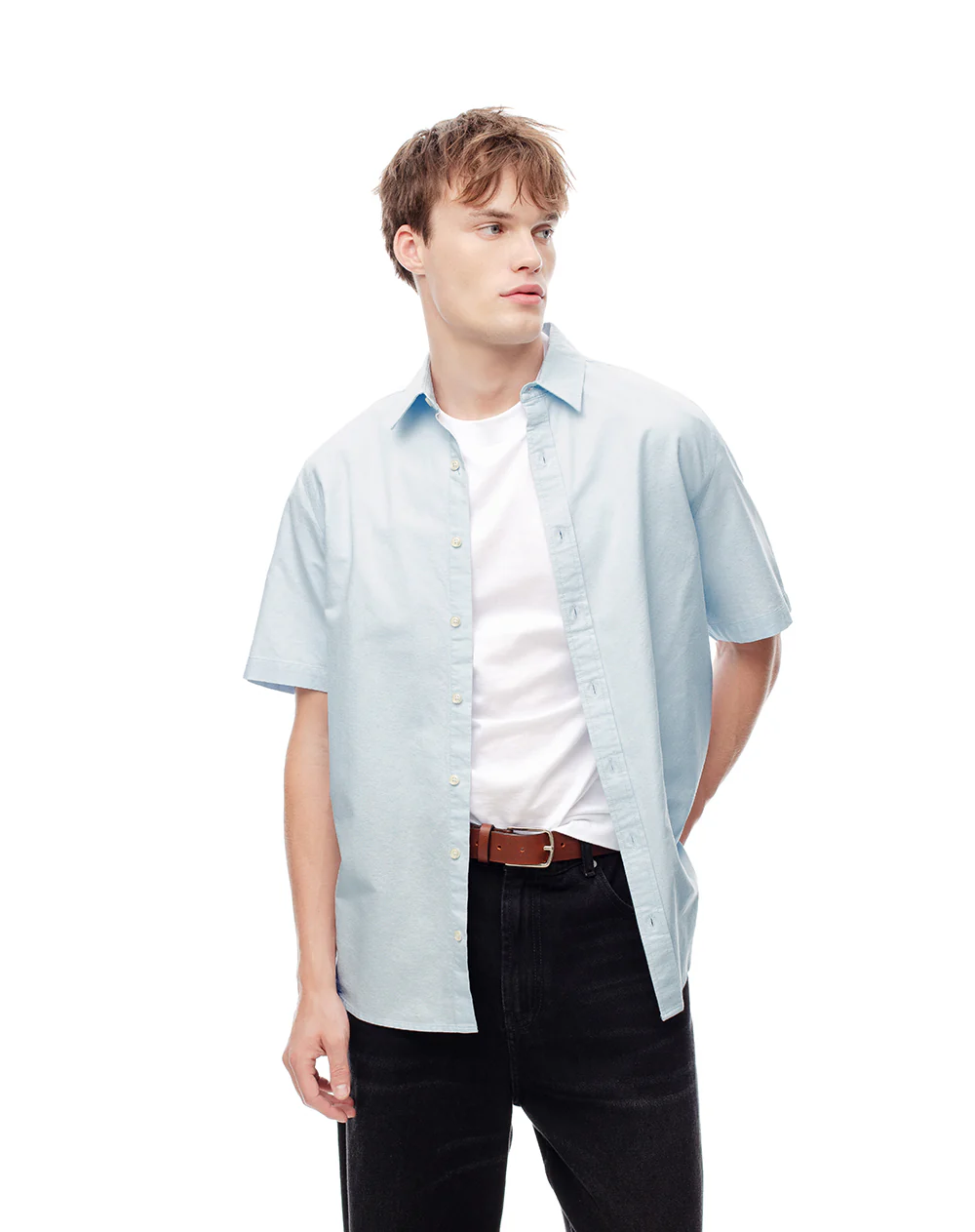 Camisa manga corta regular algodón azul hombre