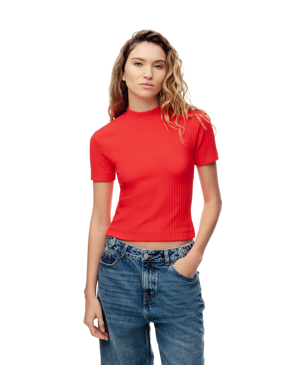 Camiseta crop slim algodón roja mujer - Image 2