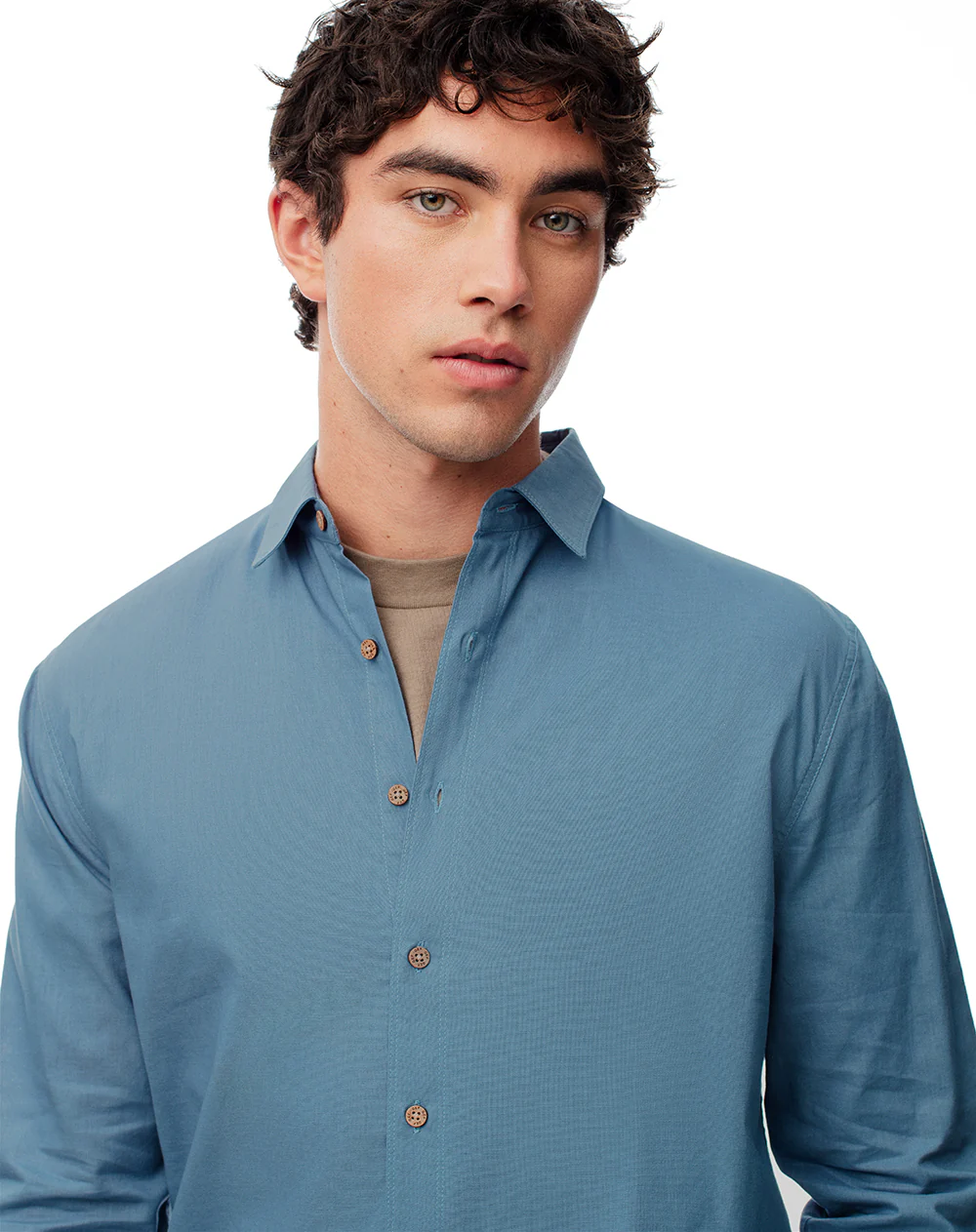 Camisa manga larga regular lino azul hombre - Image 3