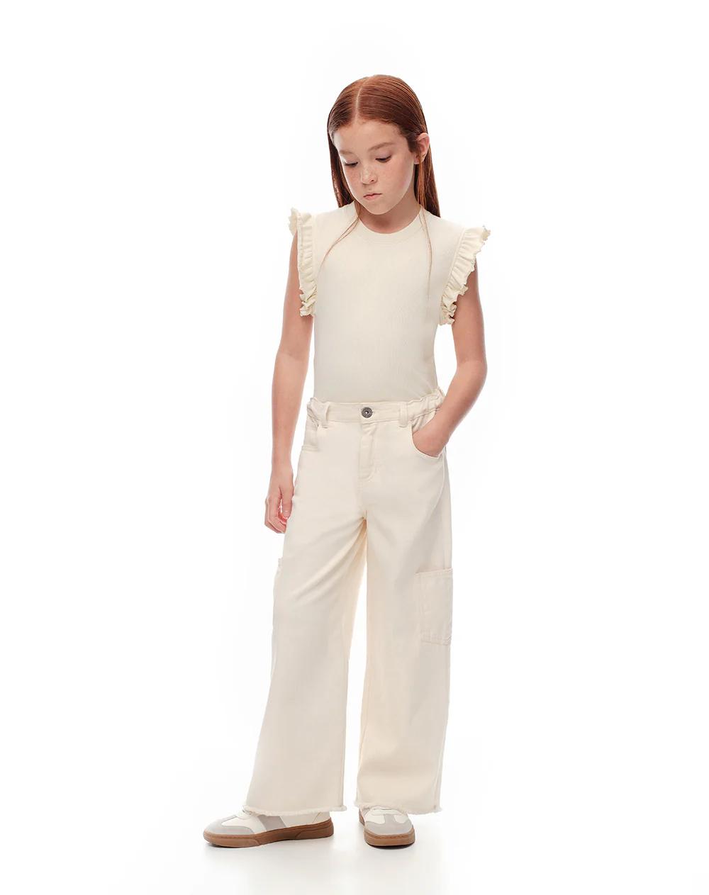 Jean cargo tiro medio crema niña
