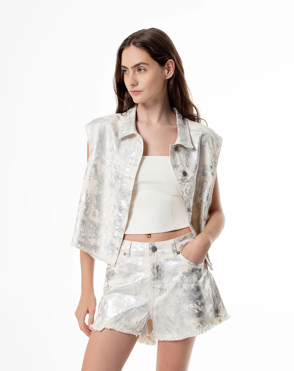Short tiro medio denim metalizado gris mujer - Image 2
