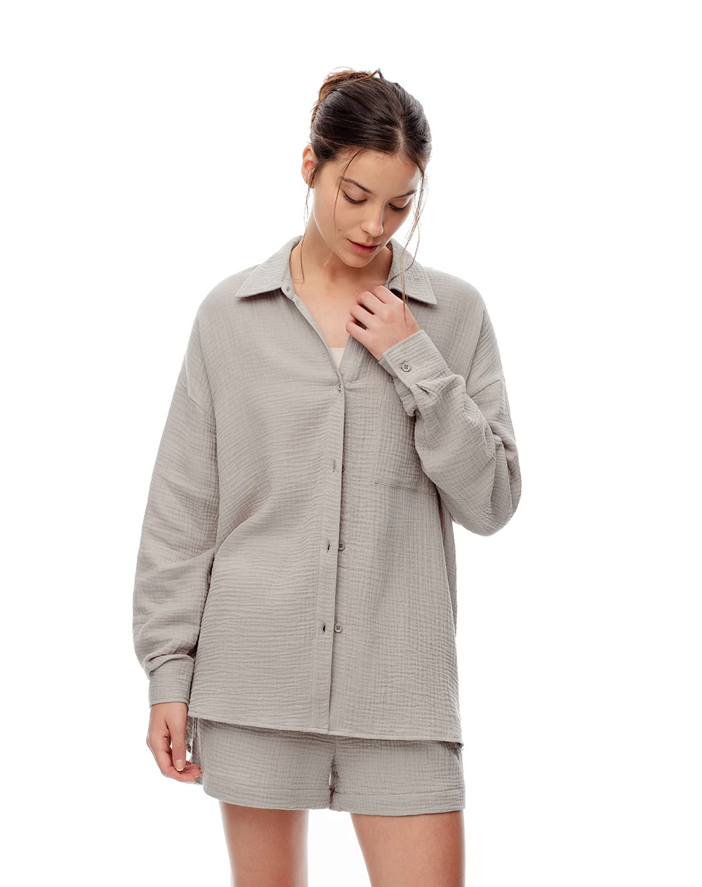 Camisa relax manga larga algodón taupe mujer - Image 3