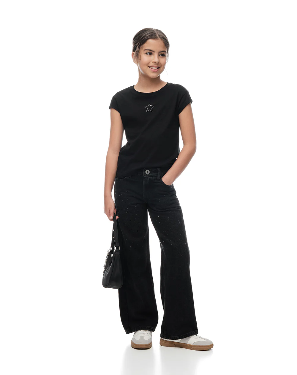 Camiseta regular algodón negra apliques brillo niña - Image 4