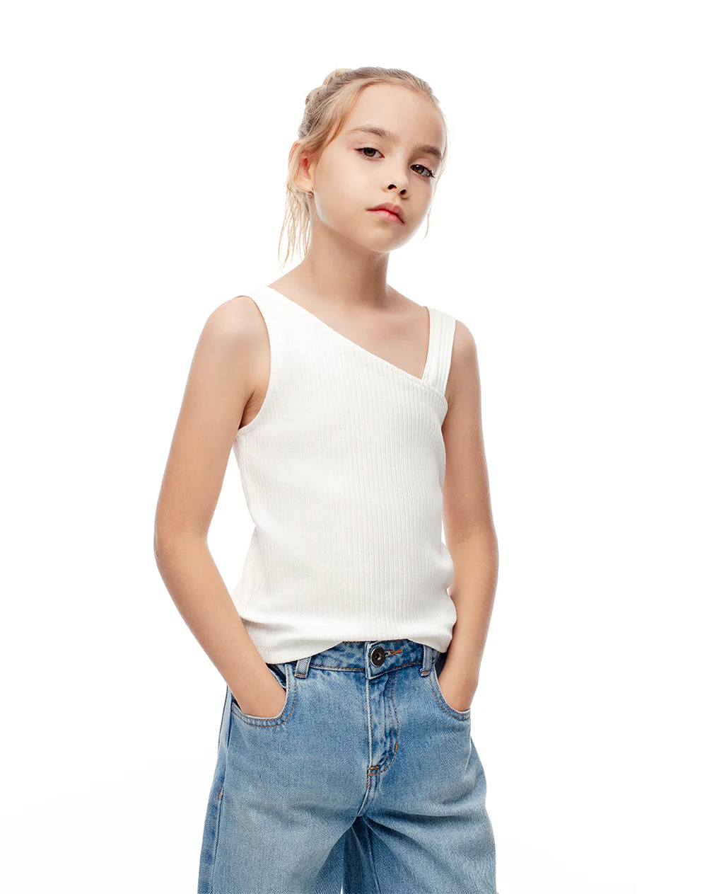 Camiseta asimétrica slim rib algodón blanca niña