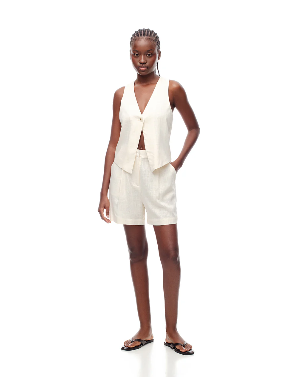 Short tiro alto regular lino vainilla mujer - Image 6