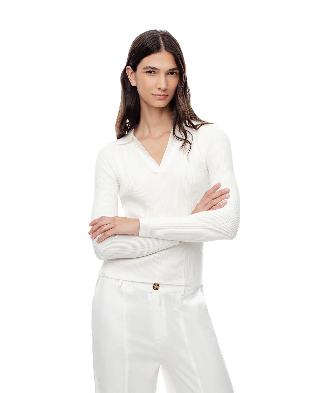 Camibuzo tipo polo slim tejido de punto blanco mujer