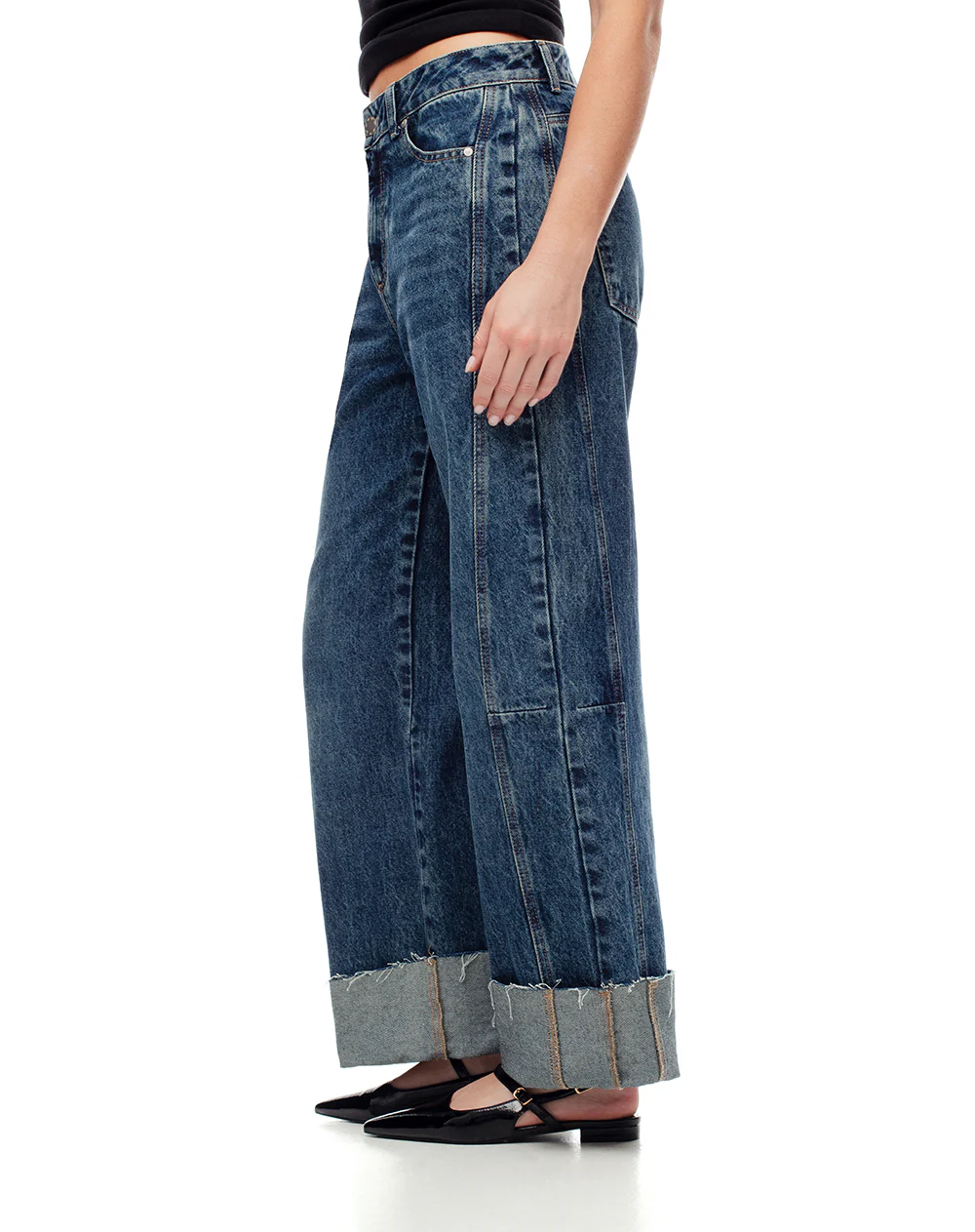 Jean wide leg tiro alto dobladillo índigo oscuro mujer - Image 3
