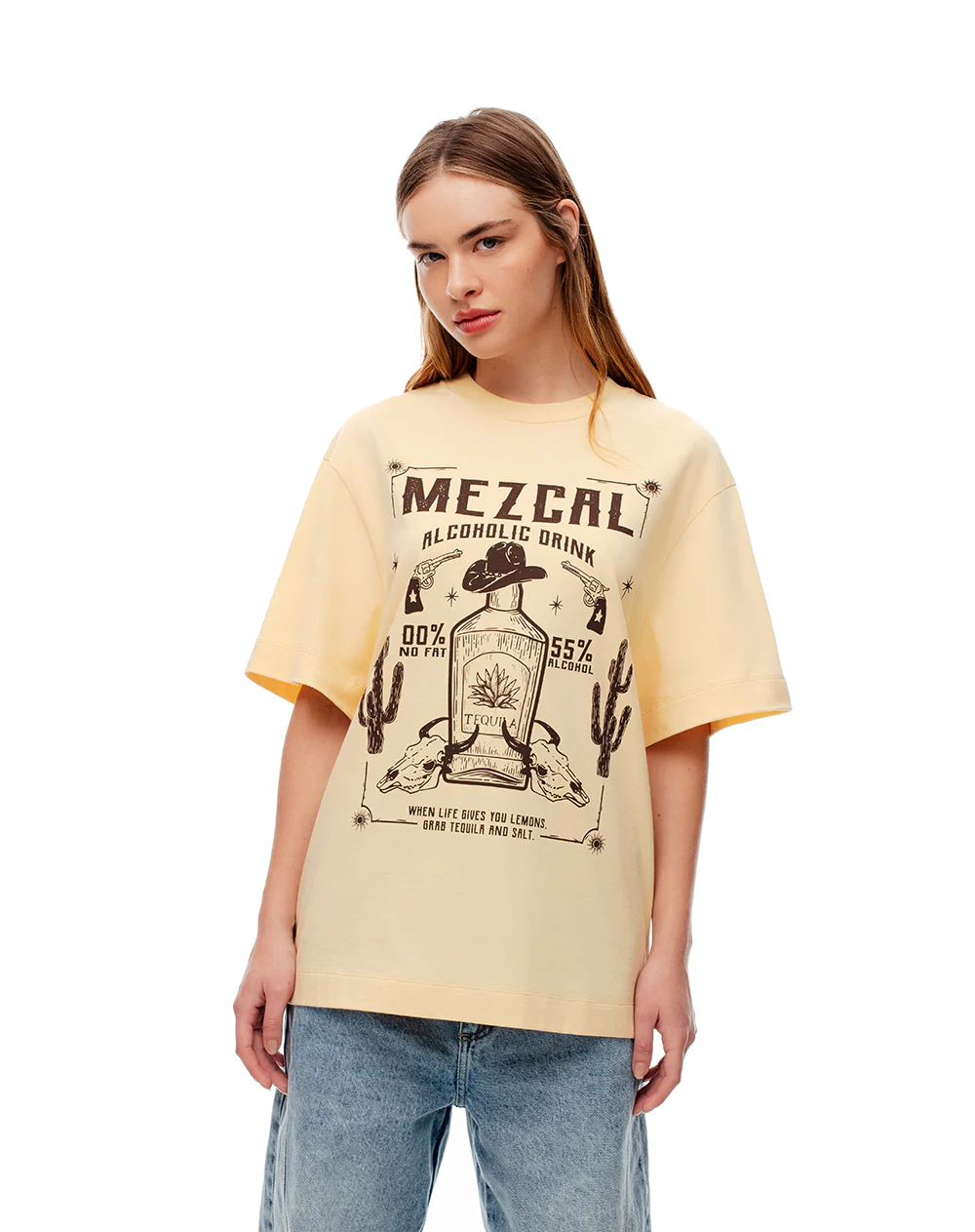 Camiseta oversize algodón amarilla estampada mujer