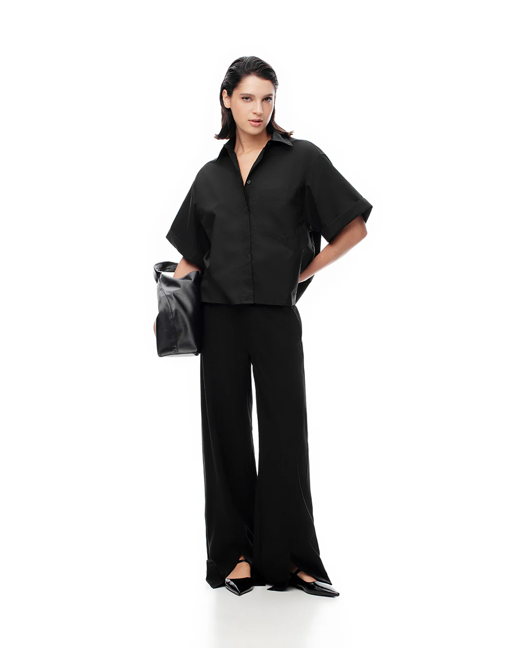 Camisa manga corta oversize algodón negra mujer - Image 3