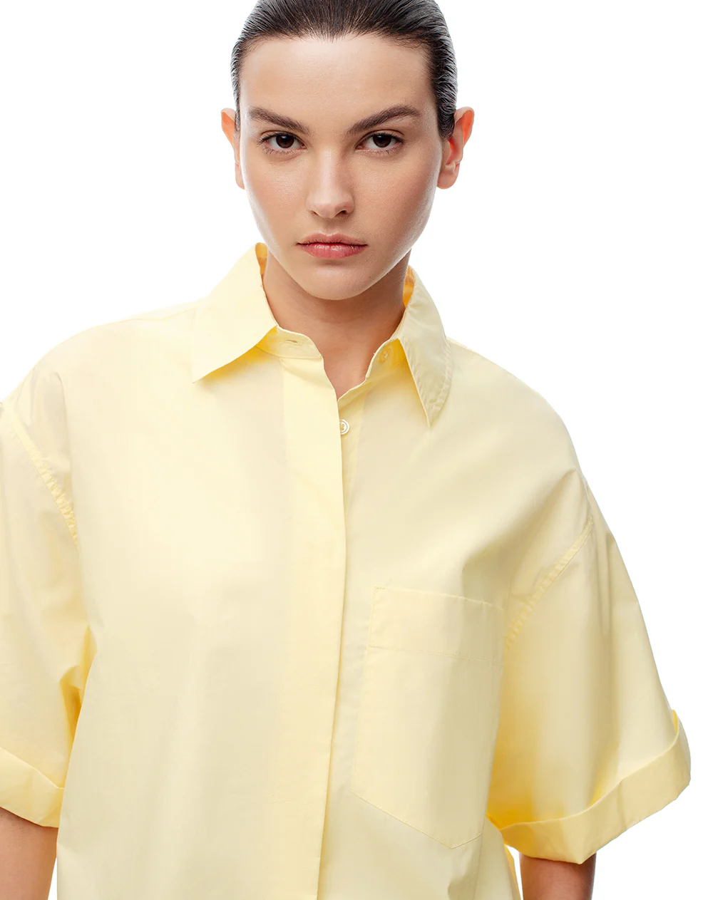 Camisa manga corta oversize algodón amarilla mujer - Image 3
