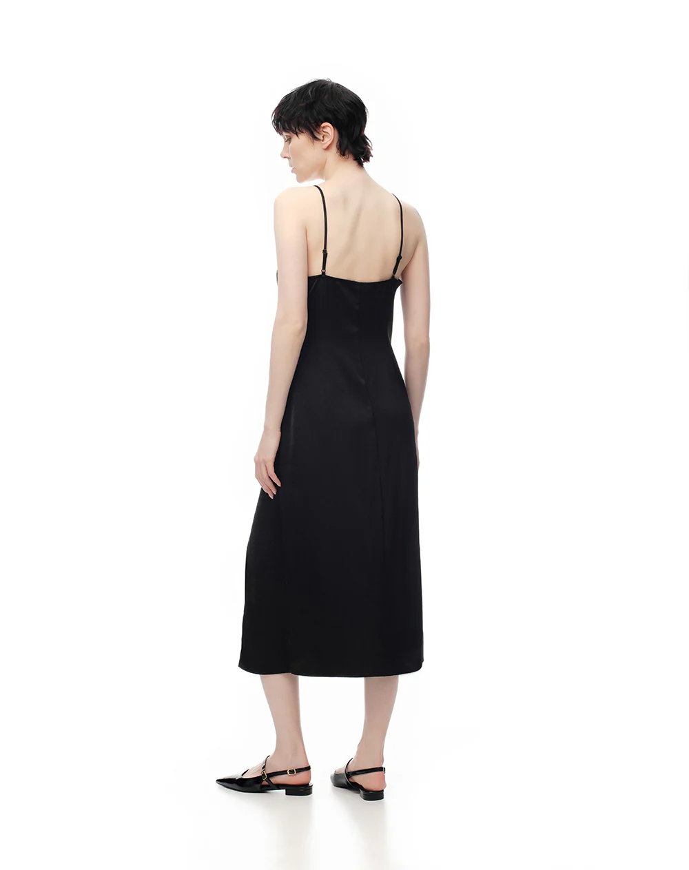 Vestido midi satinado negro mujer - Image 2