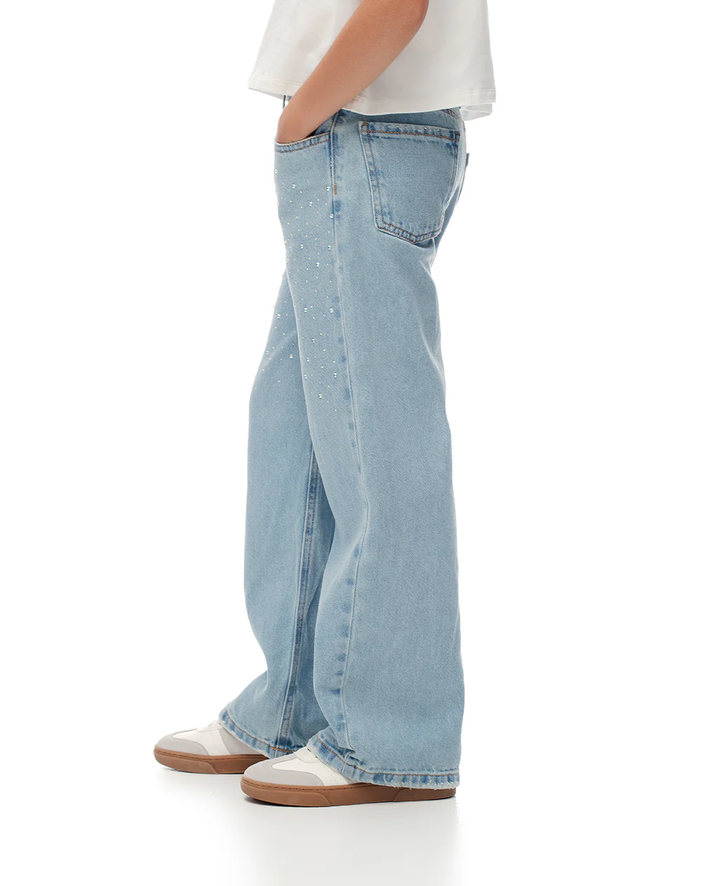 Jean wide leg tiro medio brillos índigo claro niña - Image 3