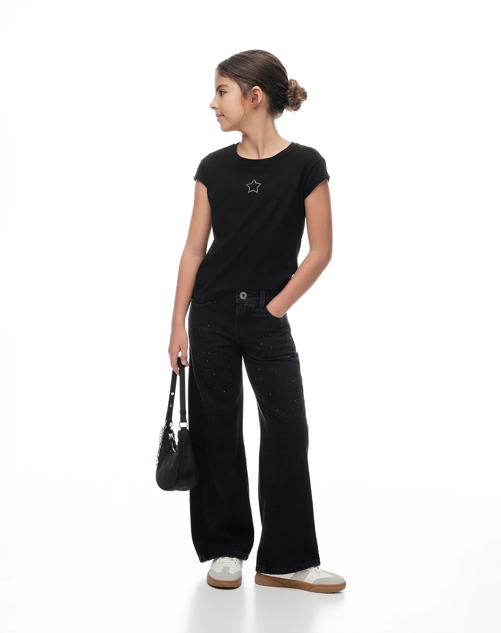 Jean wide leg tiro medio brillos negro niña
