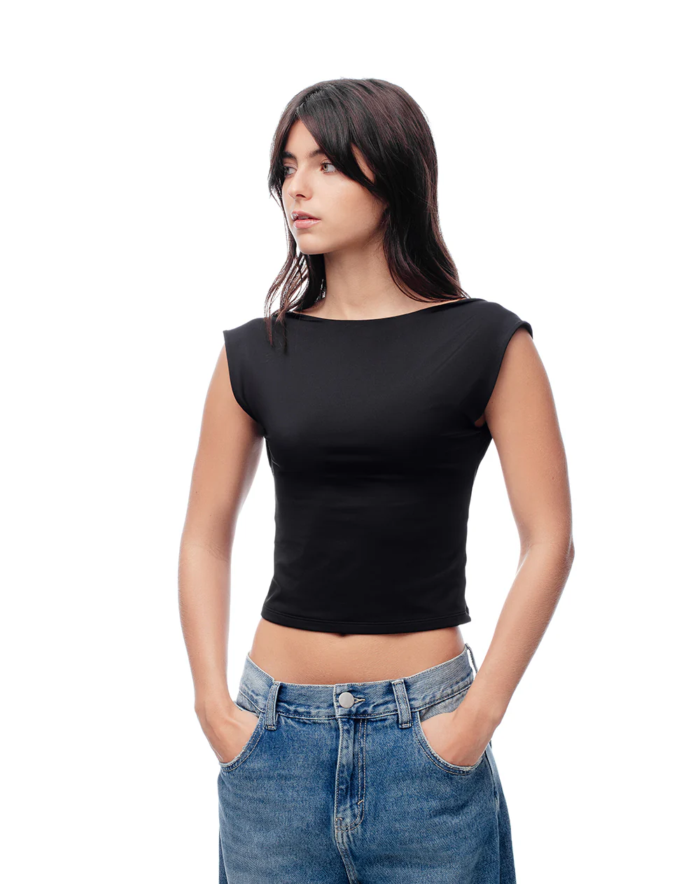 Camiseta crop slim doble tela negra mujer - Image 3