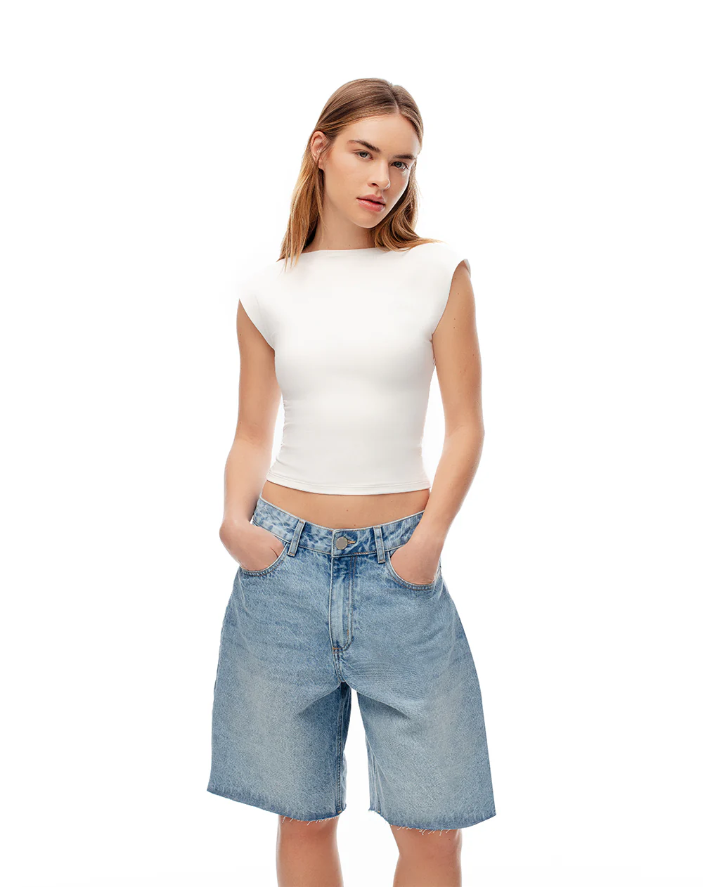 Camiseta crop slim doble tela blanca mujer - Image 3