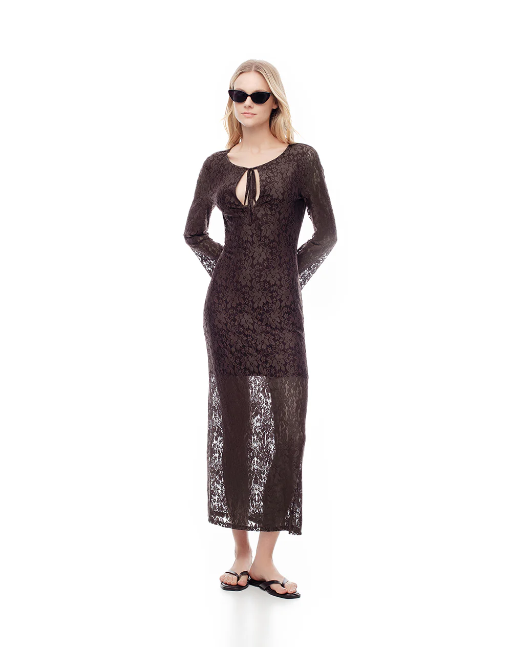 Vestido midi encaje chocolate mujer - Image 2