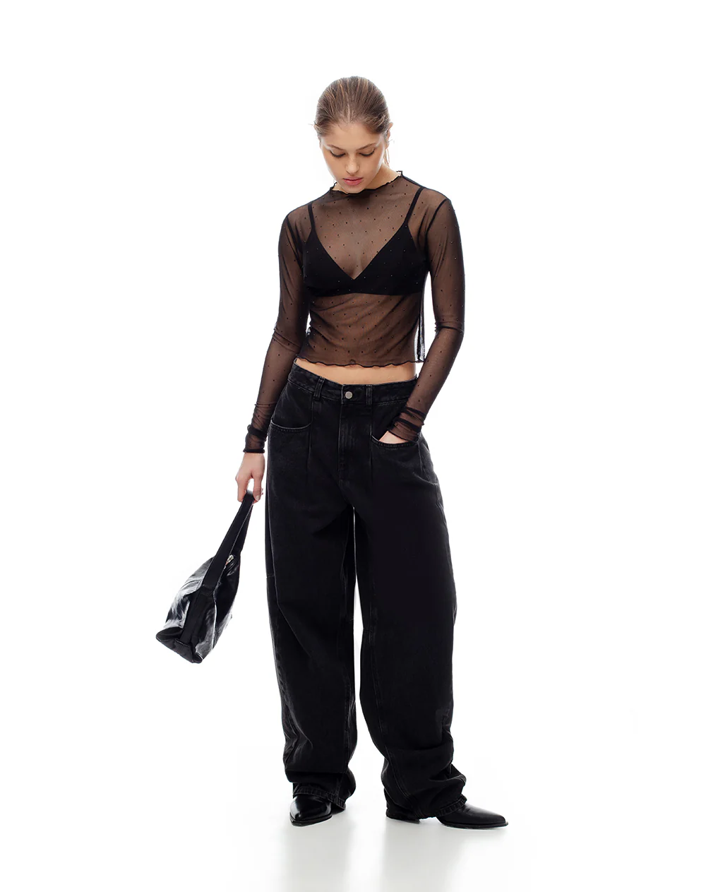 Camibuzo slim tejido tull brillos negro mujer - Image 5