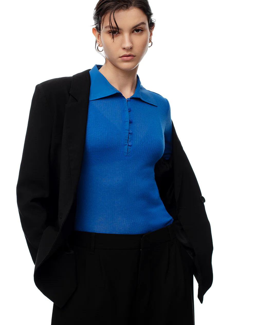 Polo slim tejido de punto azul mujer - Image 5