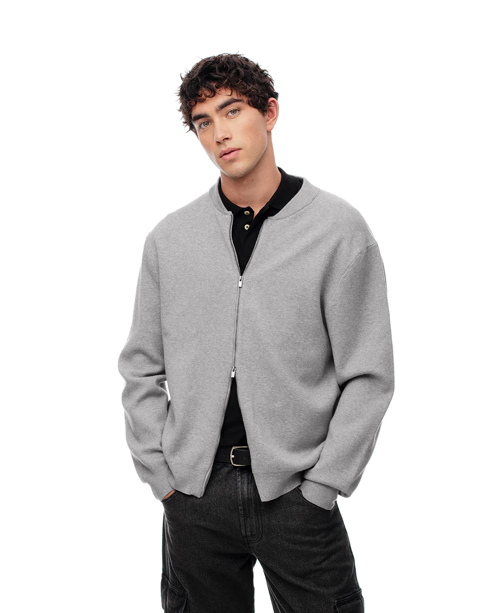 Chaqueta bomber regular cierre doble gris hombre - Image 2