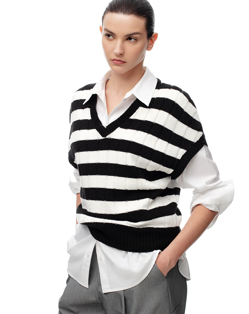 Chaleco tipo preppy tejido de punto rayas mujer