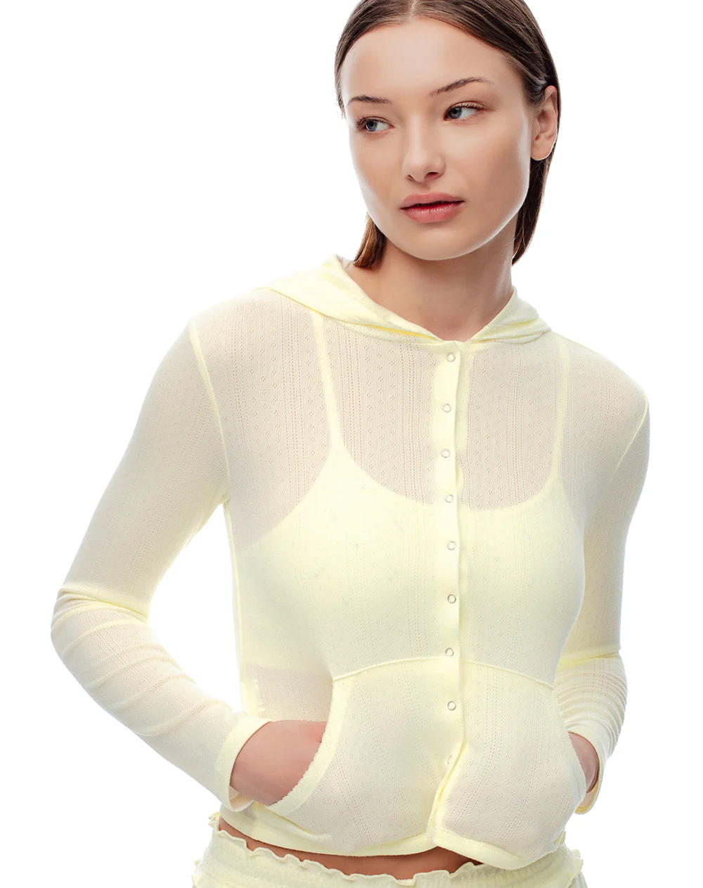 Cardigan fitted punto calado amarillo mujer - Image 3