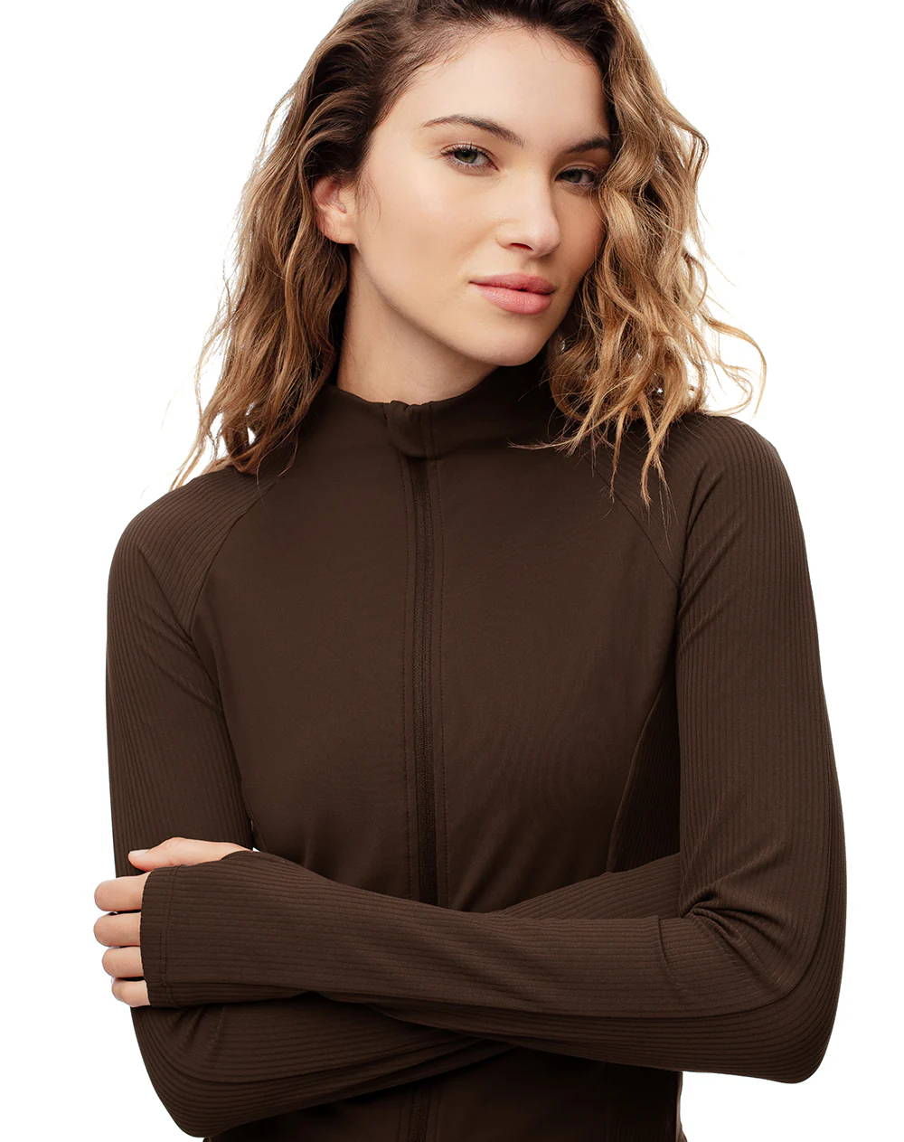 Chaqueta slim tejido de punto chocolate mujer - Image 3