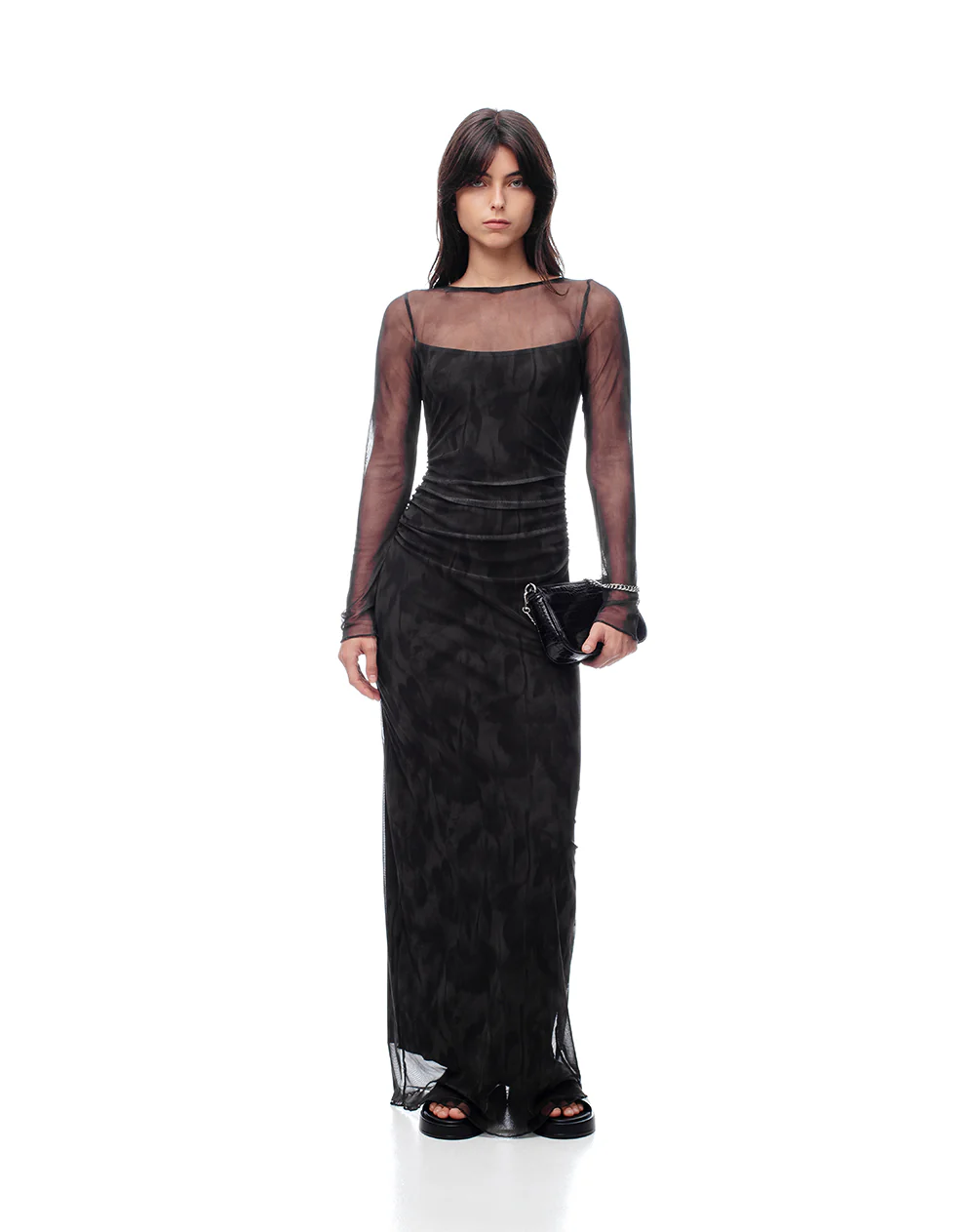 Vestido largo slim mesh transparente estampado mujer