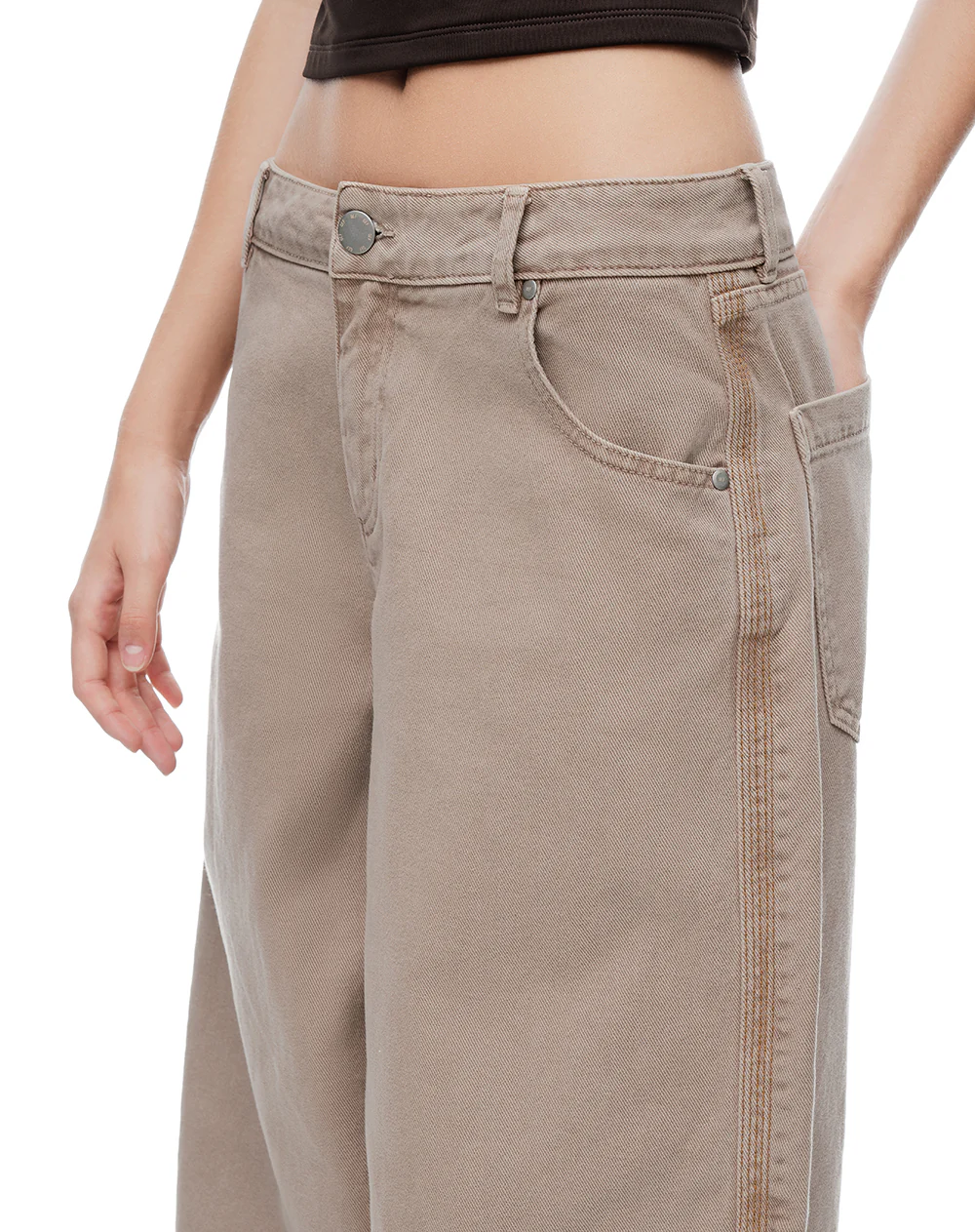 Pantalón wide leg tiro medio en drill café mujer - Image 5
