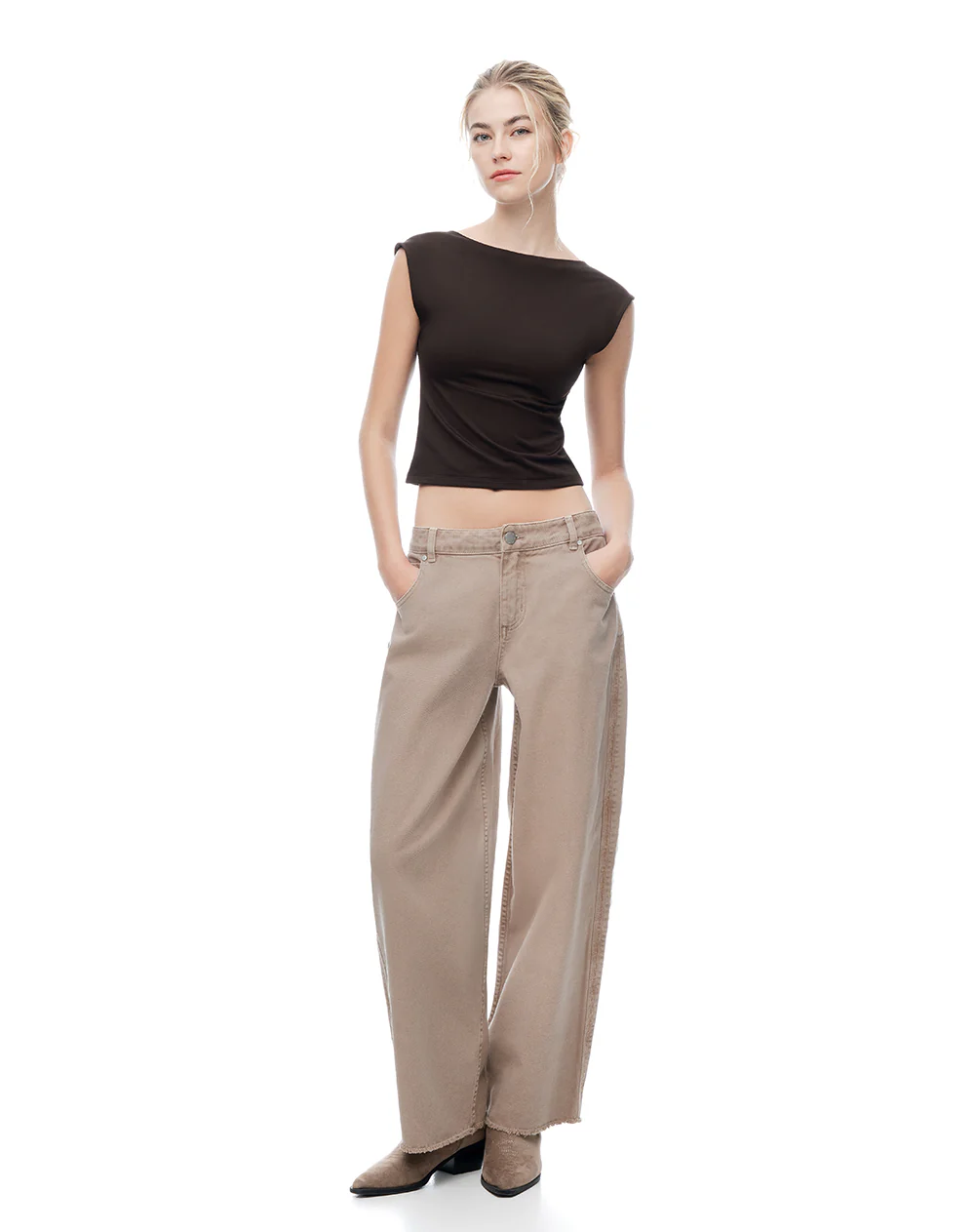 Pantalón wide leg tiro medio en drill café mujer - Image 6