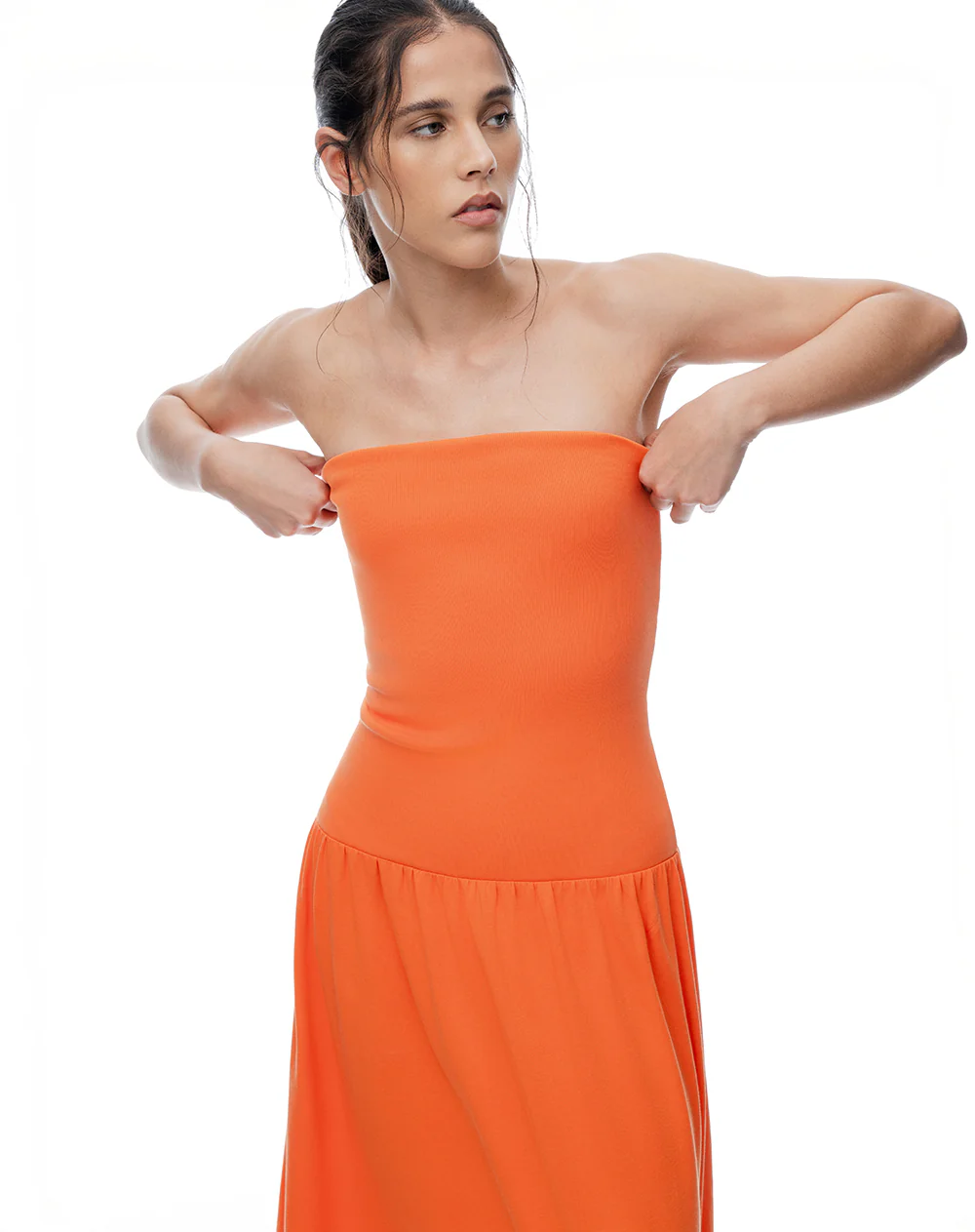 Vestido largo strapless silueta A naranja mujer - Image 3
