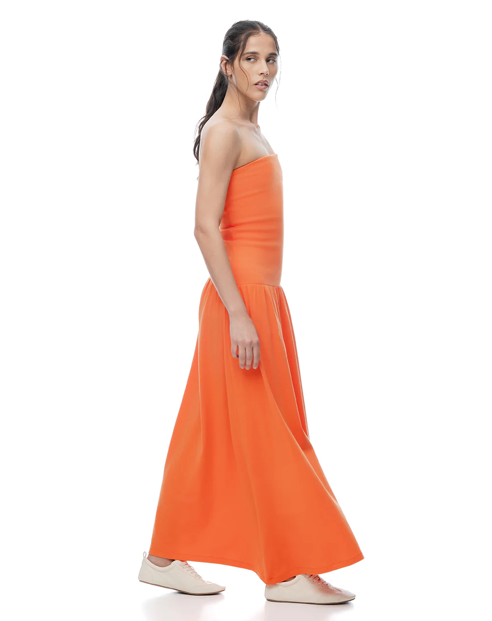 Vestido largo strapless silueta A naranja mujer - Image 4