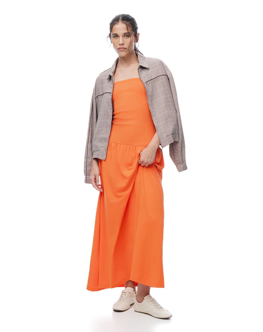 Vestido largo strapless silueta A naranja mujer - Image 5