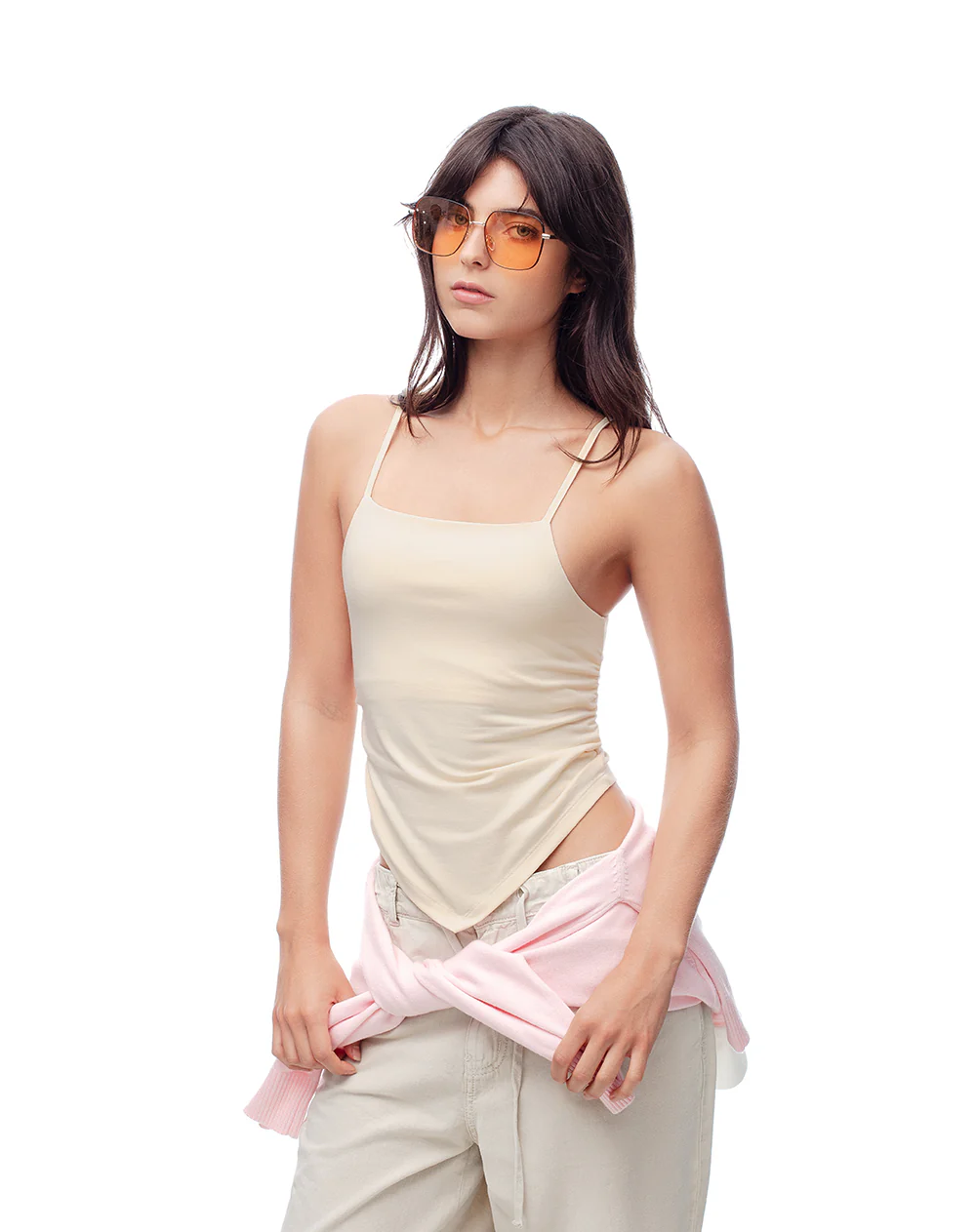 Camiseta tirantes slim recogido crema mujer